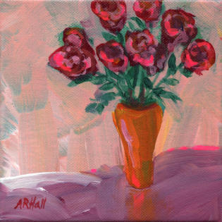 "Roses In Orange Vase" ©Annette Ragone Hall - acrylic on canvas - 6" x 6"