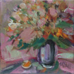 (SOLD) "Bouquet In Lavendar Vase" ©Annette Ragone Hall - acrylic on canvas - 6" x 6"