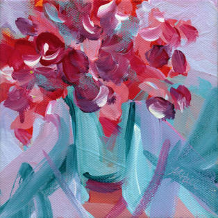 (SOLD) "Bouquet in Teal Vase" - acrylic on canvas - 6" x 6" ©Annette Ragone Hall