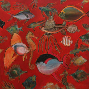 "The Red Sea" ©Annette Ragone Hall - acrylic on canvas - 60" x 60" (credit to Norman Weaver for fish reference material)