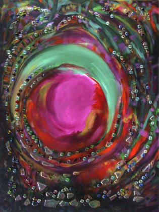 "Life Glow X" ©Annette Ragone Hall - acrylic & glass on canvas - 48" x 36"