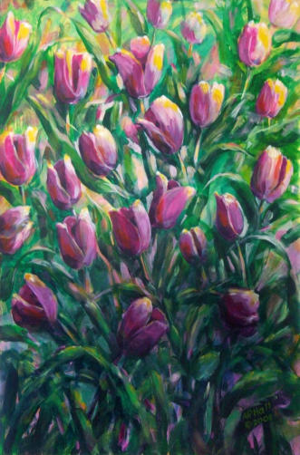 "Tulips Emerging From The Shadows" ©Annette Ragone Hall - acrylic, 48" x 36"