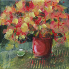 "Bouquet In Copper Pot" ©Annette Ragone Hall - acrylic on canvas - 6" x 6"