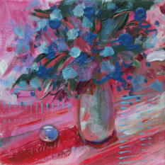 (SOLD) "Blue Flowers Bouquet" ©Annette Ragone Hall - acrylic on canvas - 6" x 6"
