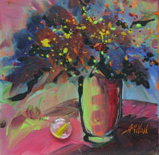 "Splattered Bouquet" ©Annette Ragone Hall - acrylic on canvas - 6" x 6"